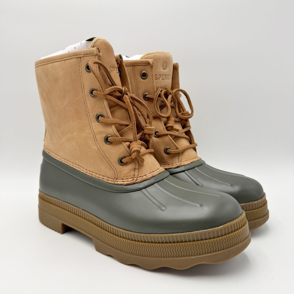 Sperry Womens Saltwater 2.0 Duck Boots Size 8.5 Tan Green Leather Waterproof NIB