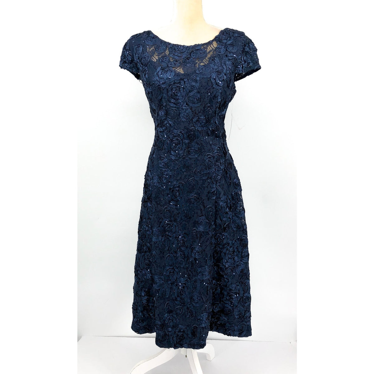 ALEX EVENINGS Rosette A-line Midi Dress Size 14 Navy Blue Sequin Lace 121570 NWT