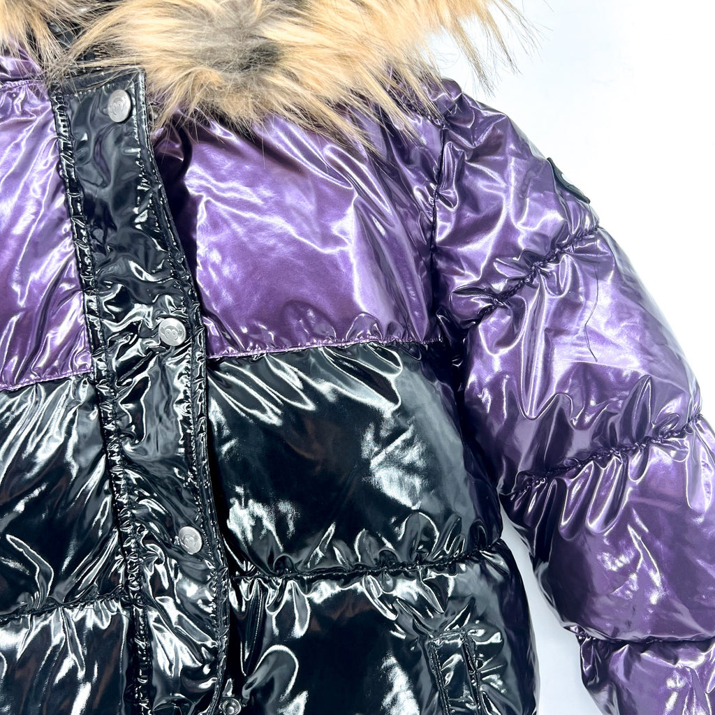 APPAMAN Girls' Kyla Puffer Coat Size 12 Purple Black Faux Fur Trim Hood NWT