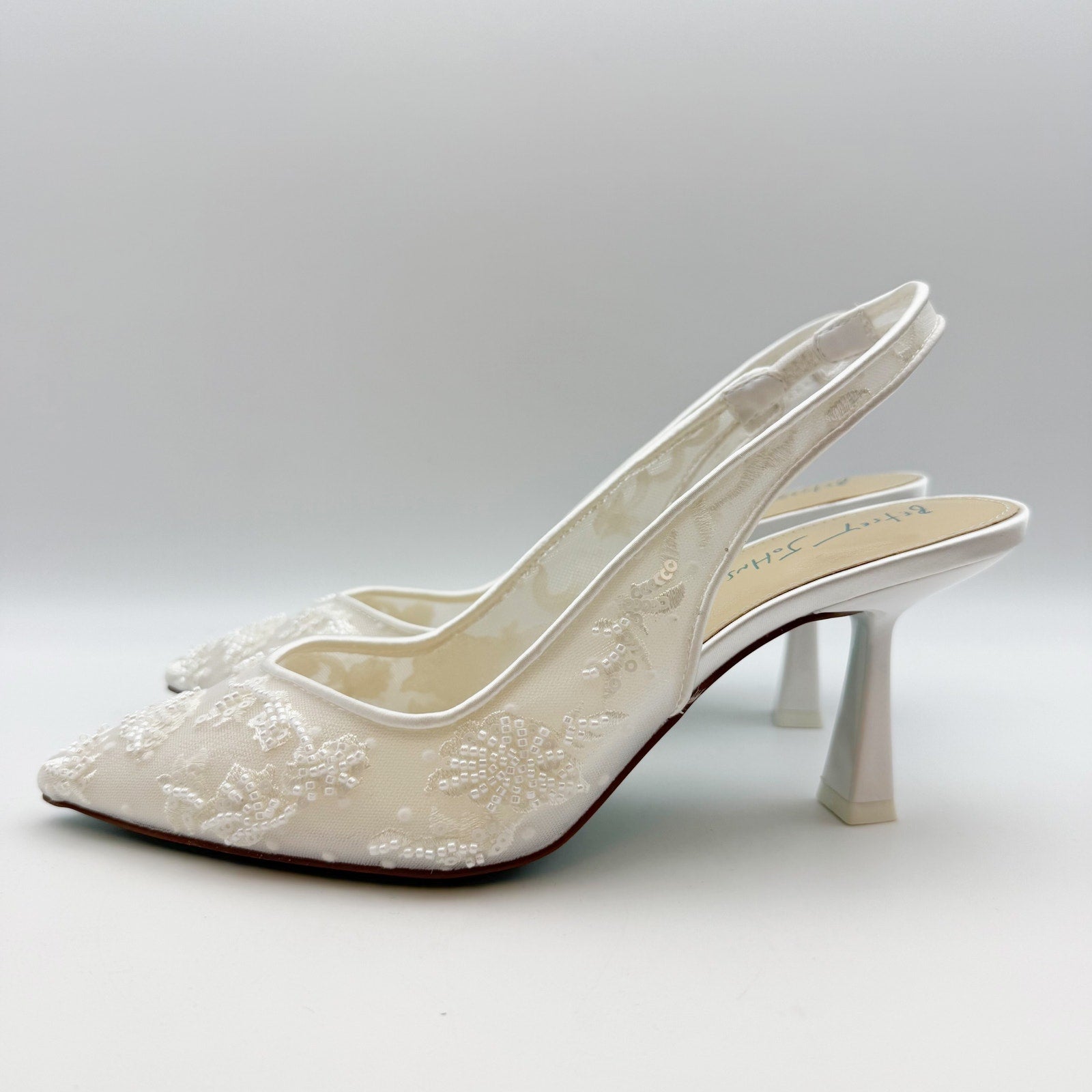 Blue Betsey Johnson Womens Nikki High Heels Size 7.5 White Lace Sling Back NWOB
