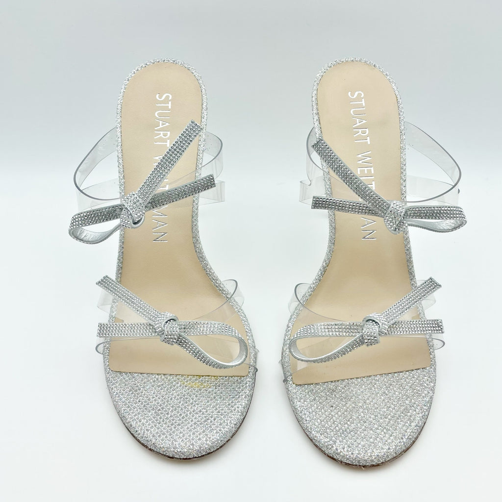 Stuart Weitzman Womens Bow 100 Slide Heel Sandals US 8 M EU 38.5 Silver NWOB