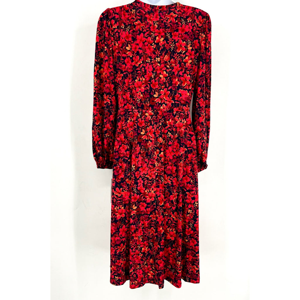 MAGGY LONDON Womens Floral V-Neck Dress Small Navy Blue Red Smocked NWT