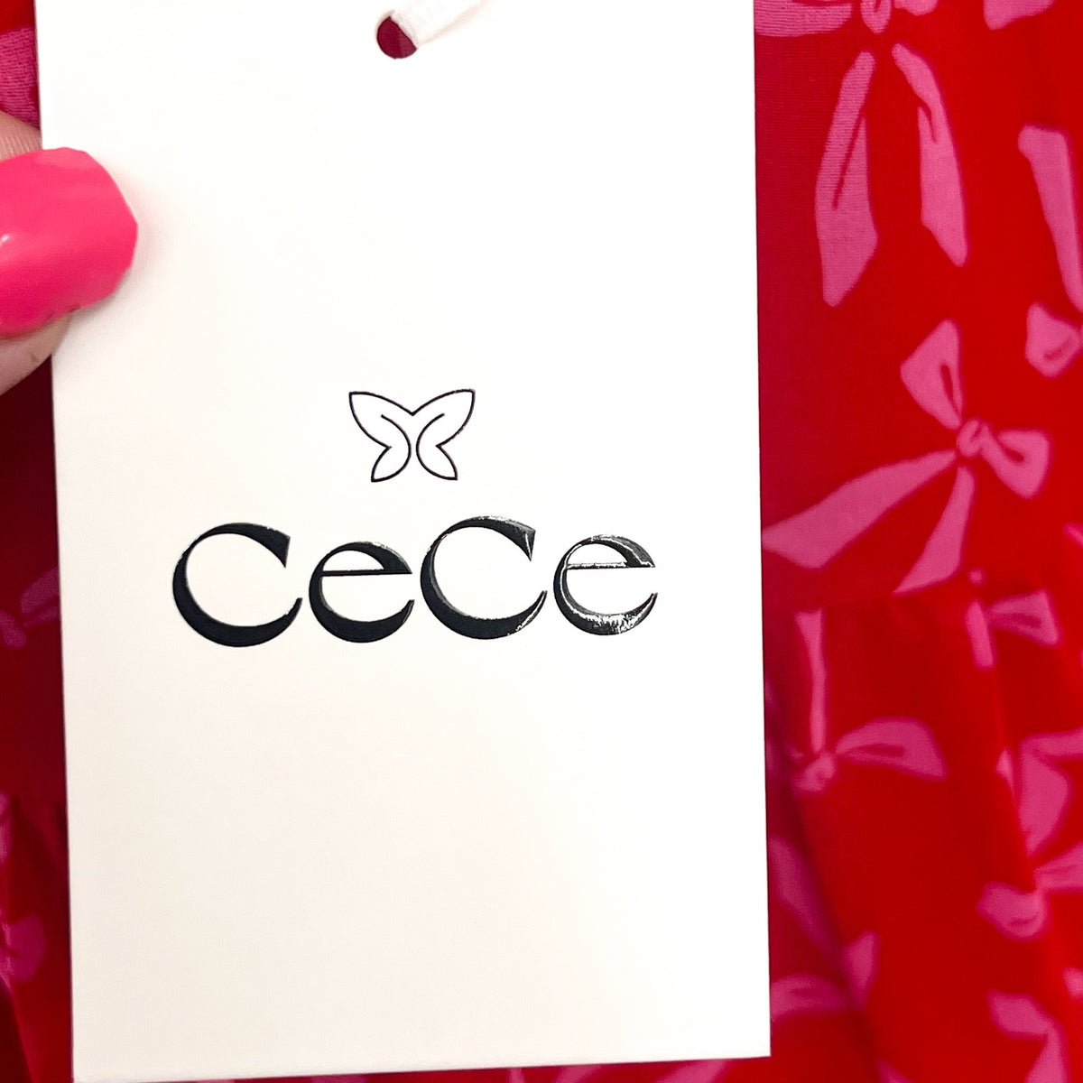 CECE Women's Bow-Print Babydoll Dress Large Red Pink Long-Sleeve NWT