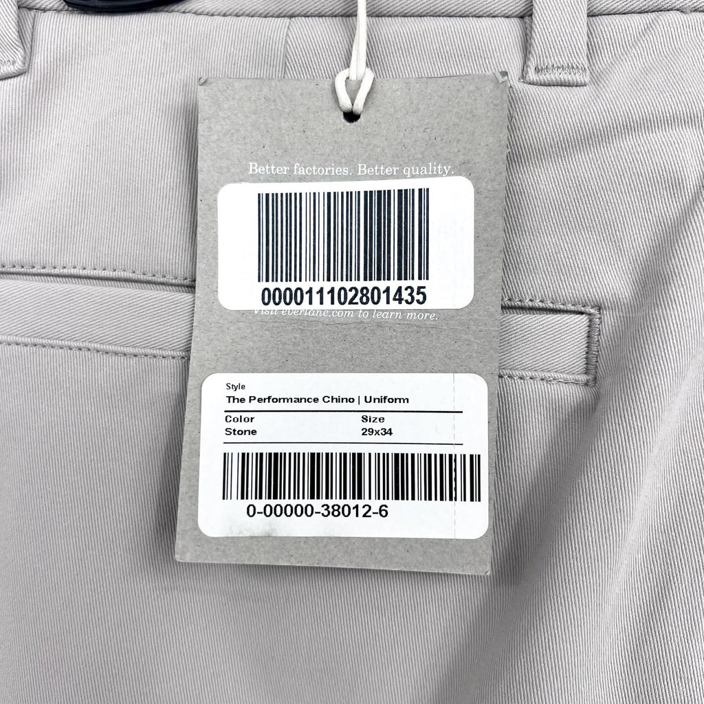 EVERLANE Men's The Performance Slim Chino Pants 29x34 Stone Light Gray NWT