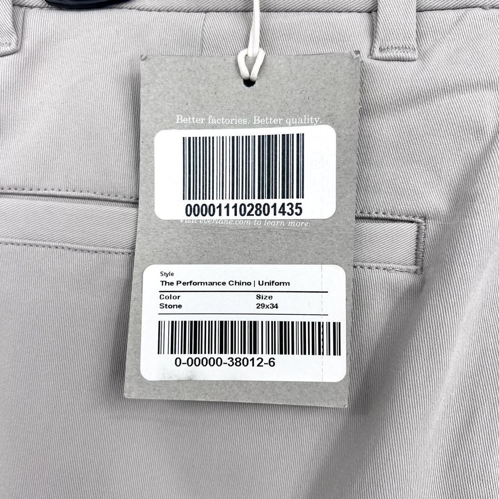 EVERLANE Men's The Performance Slim Chino Pants 29x34 Stone Light Gray NWT