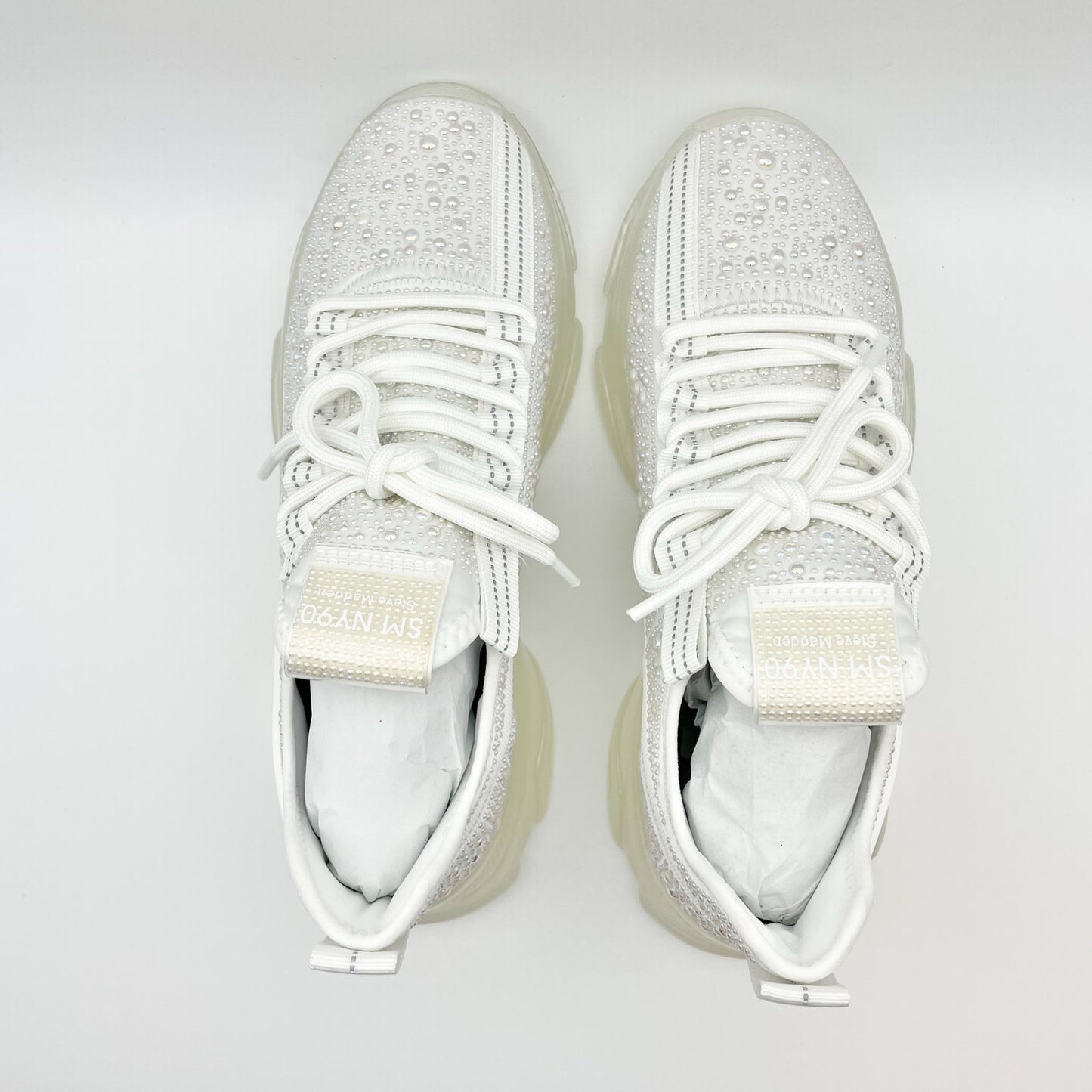 Steve Madden Women's Maxima Sneaker Size 8.5 White Rhinestone Embellished NIB