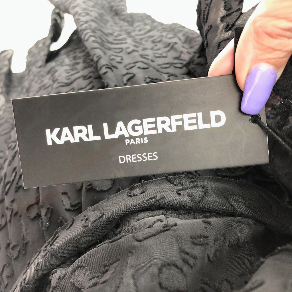 KARL LAGERFELD Womens Burnout Logo Print Dress Size 6 Black V-Neck Tie Waist NWT