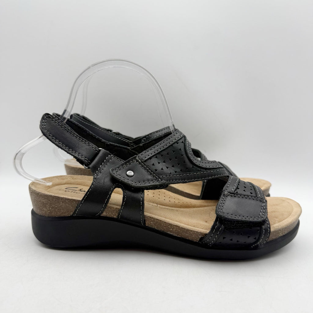 Clarks Womens Calenne Carmen Wedge Sandals US 8.5 M Black Leather NWOB