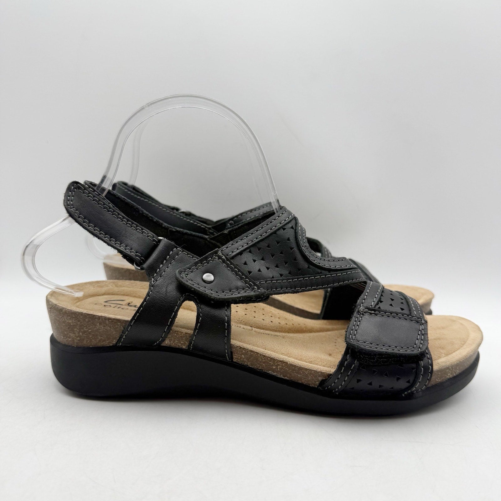 Clarks Womens Calenne Carmen Wedge Sandals US 8.5 M Black Leather NWOB