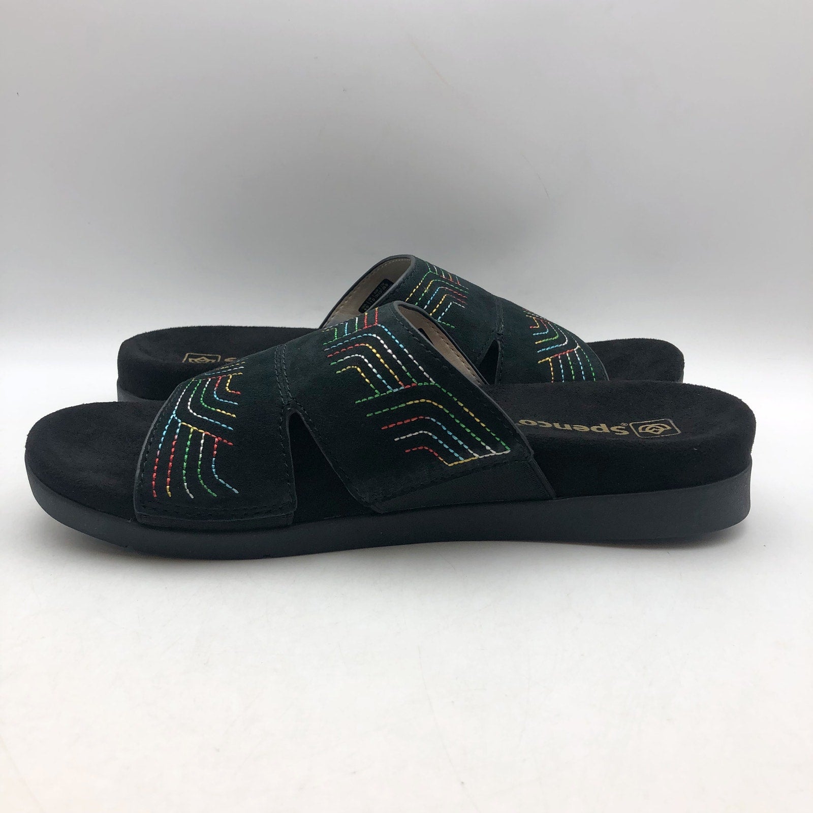 Spenco Womens Twilight Ellie Slide Sandals US 9 WIDE Black Space Dye Leather NIB