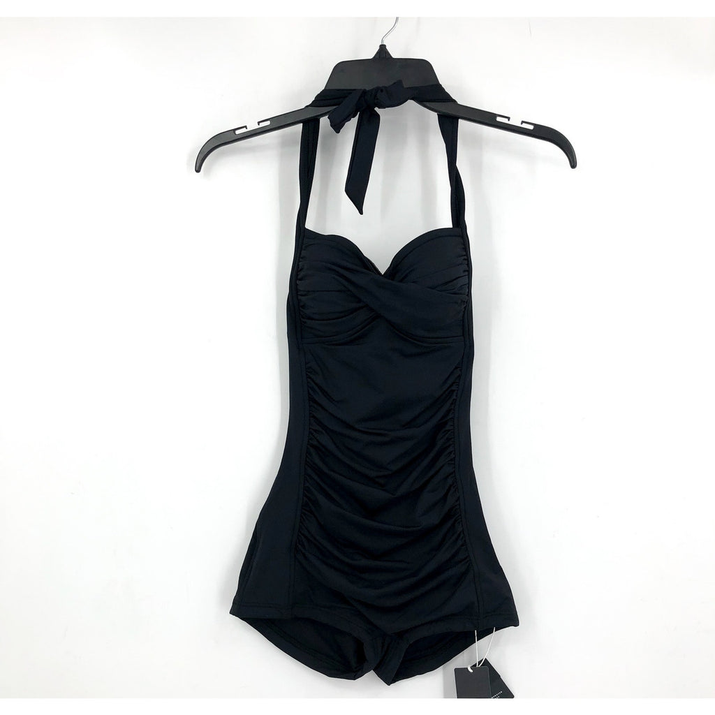 SEAFOLLY COLLECTIVE Women's Boyleg One Piece Swimsuit Size 8 Black Halter NWT
