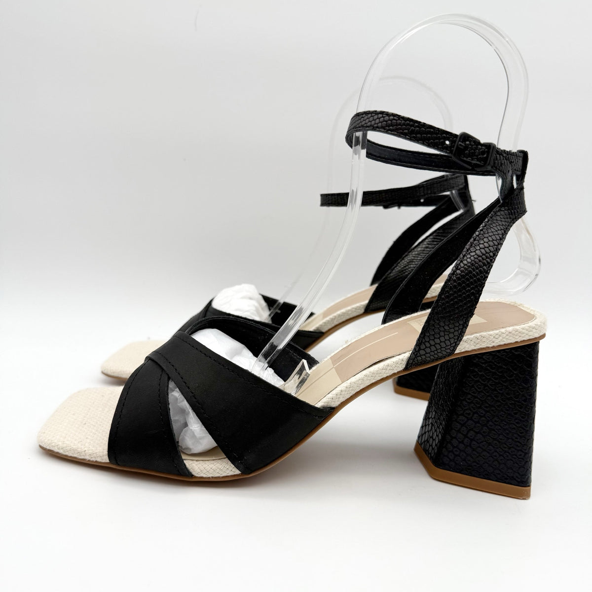 Dolce Vita Womens Tiki Heeled Sandals Size 8.5 M Black Embossed Leather NIB