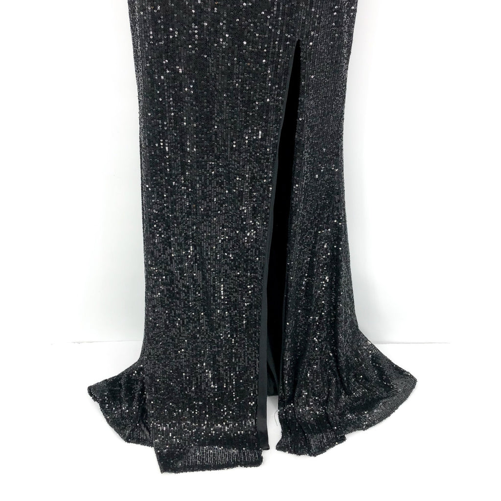 LA FEMME Sequin High Neck Dress Size 0 Black Long Slit Low Back 28529 NWT