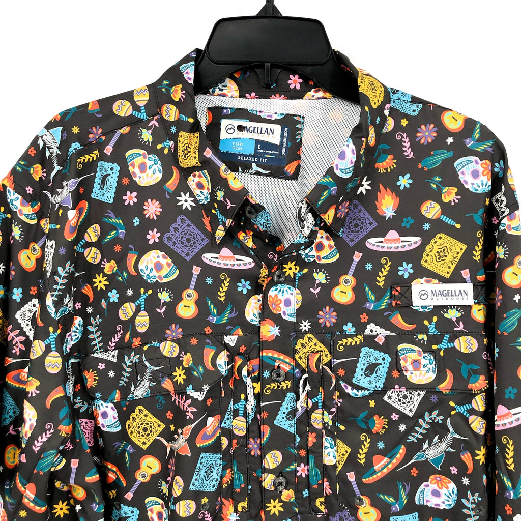 MAGELLAN Mens Dia De Los Muertos Fishing Shirt LARGE Black Short Sleeve NWOT