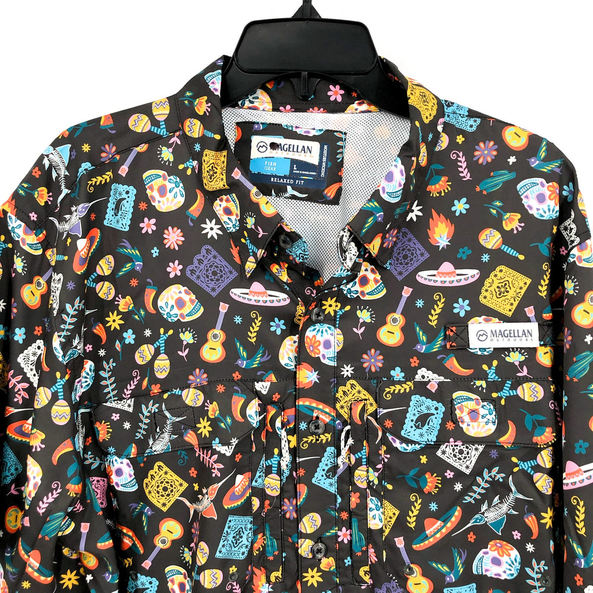 MAGELLAN Mens Dia De Los Muertos Fishing Shirt LARGE Black Short Sleeve NWOT