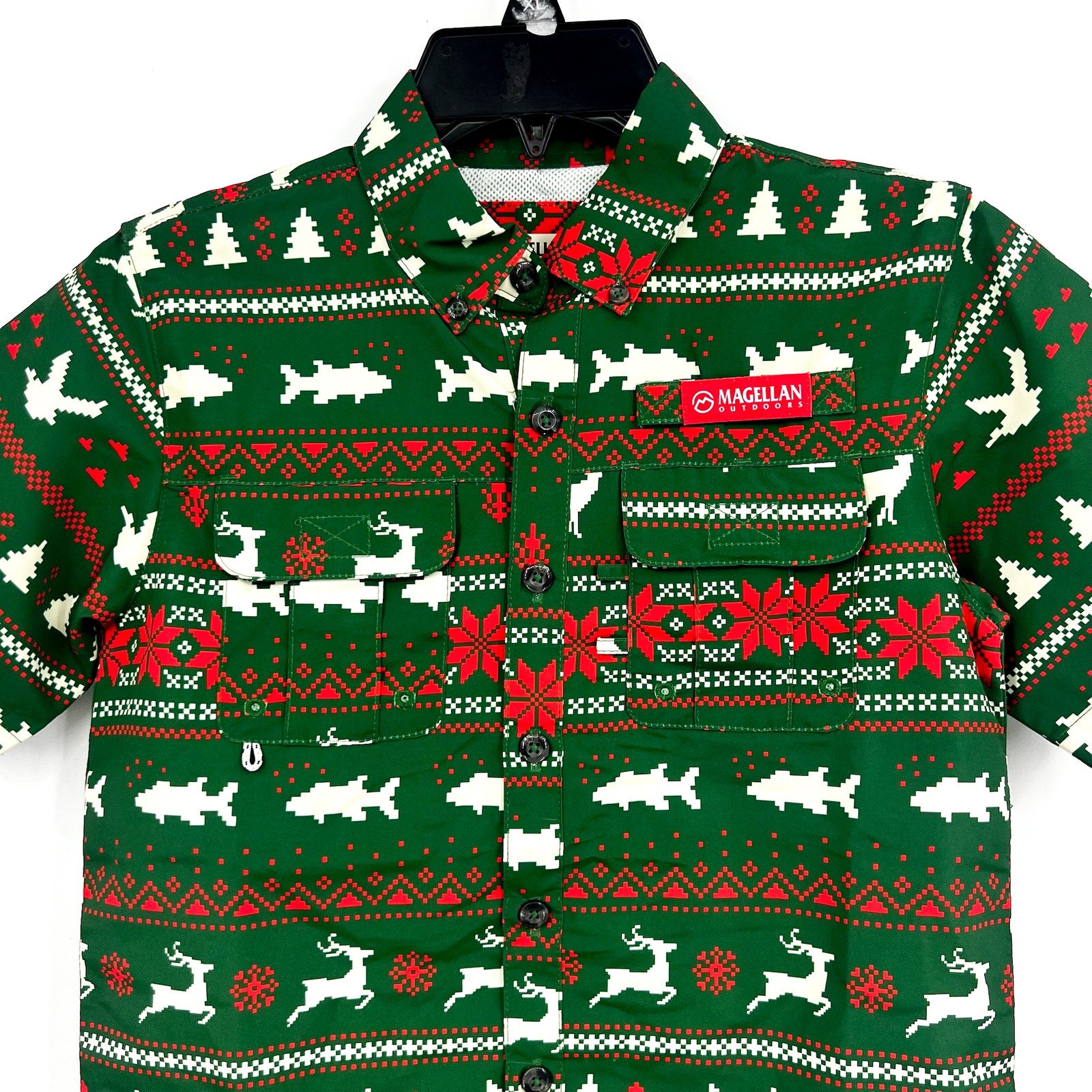Magellan Boys Laguna Madre Holiday Fair Isle Fishing Shirt Small Green Red NWOT