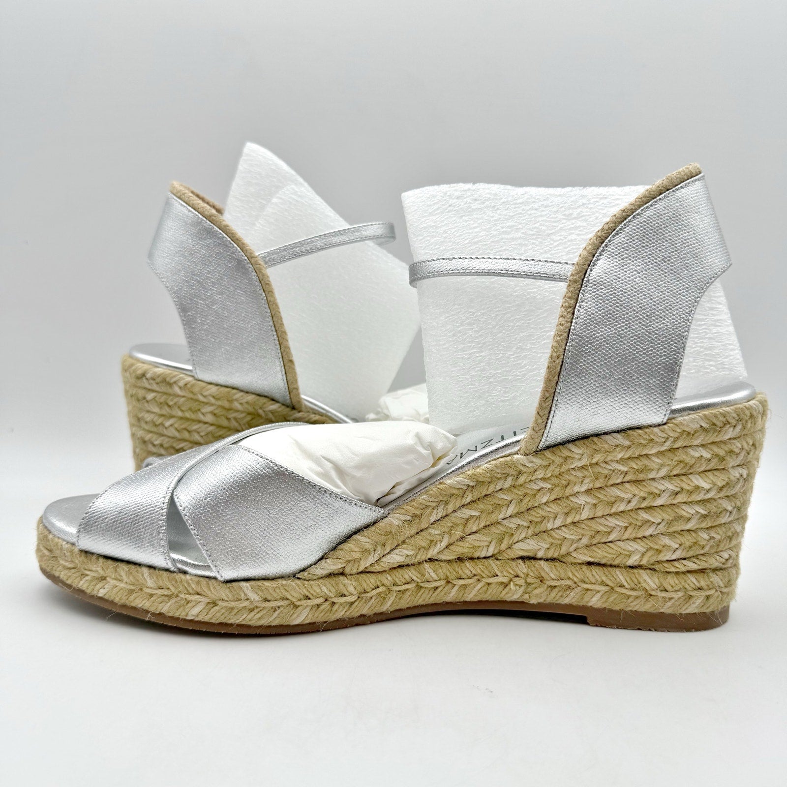 Stuart Weitzman Mirela II Espadrille Wedge Sandals Size 10 B Silver Leather NIB