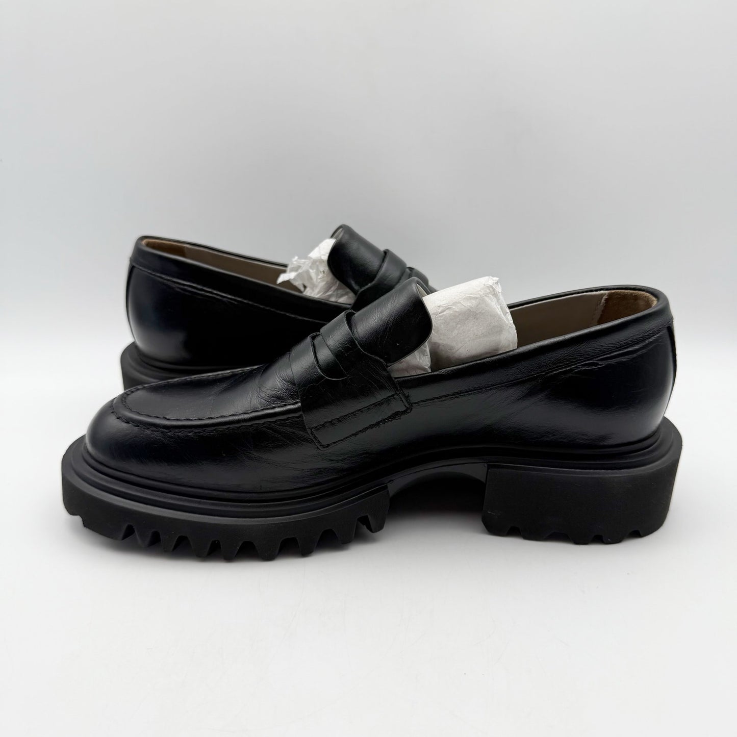 Allsaints Womens Lola Loafers US 7 EU 37 Black Leather Chunky Lug Sole NWOB