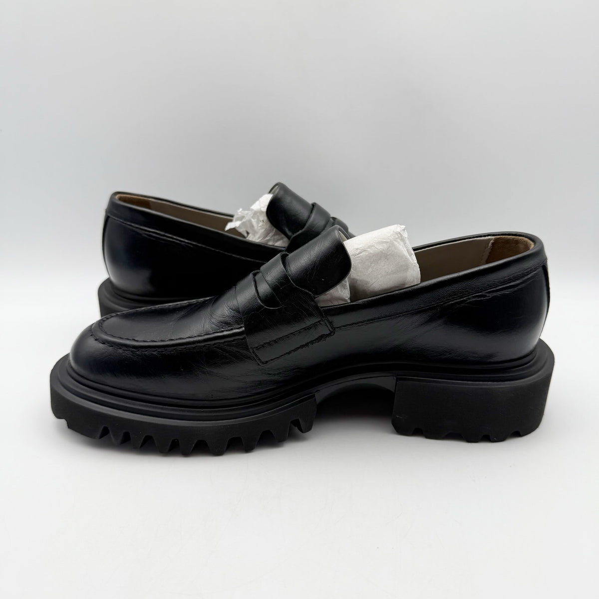 Allsaints Womens Lola Loafers Size 7 EU 37 Black Leather Chunky Lug Sole NWOB