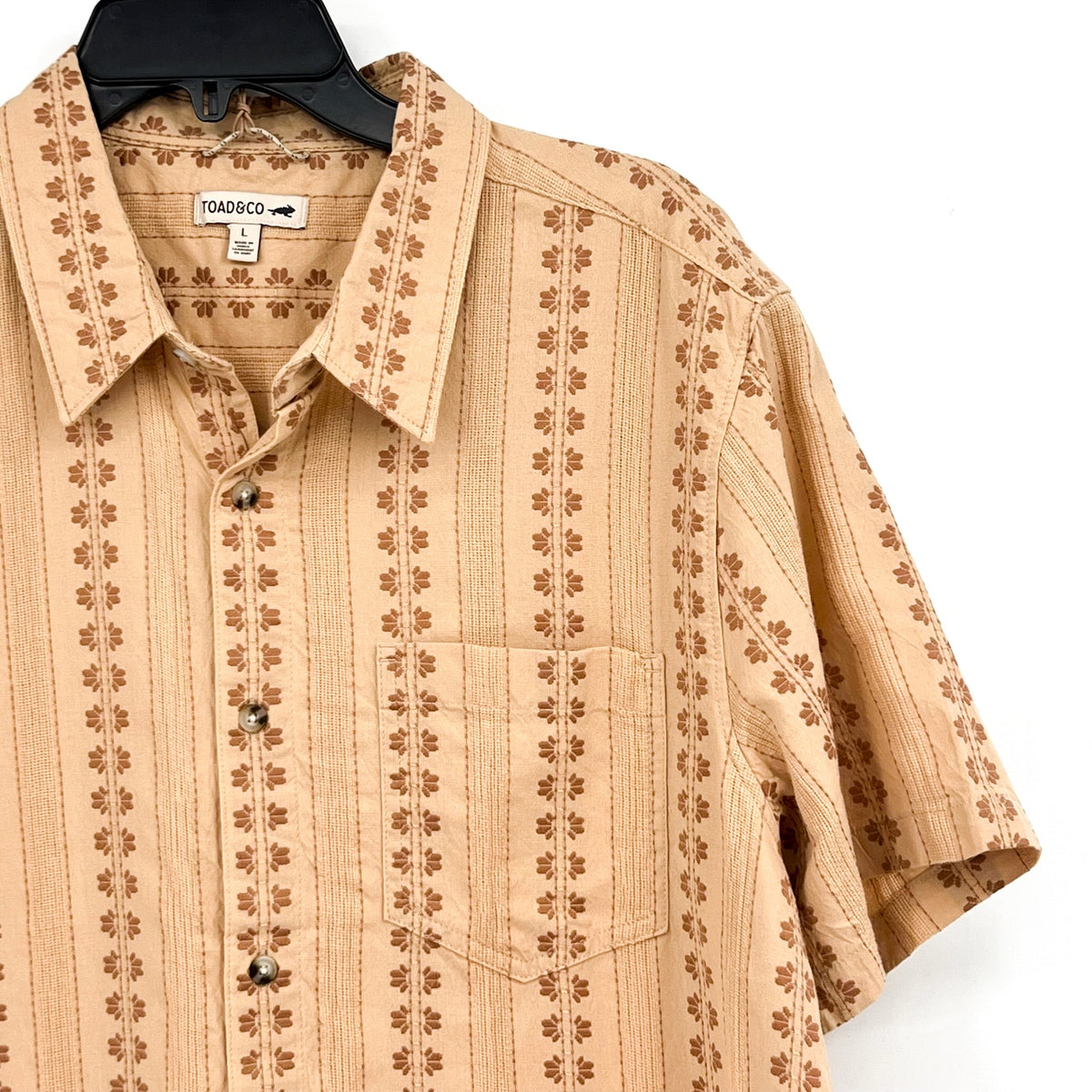 TOAD & CO Men's Treescape Short Sleeve Casual Shirt Large Tan Chai Geo Dobby NWT