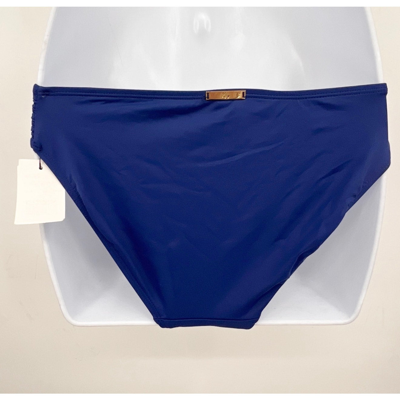 LAUREN RALPH LAUREN Hipster Bikini Bottom Size 4 Navy Blue Shirred Side Tab NWT