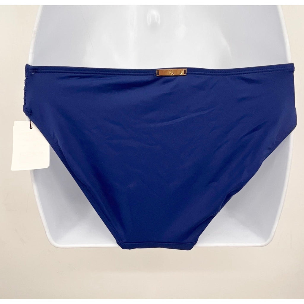 LAUREN RALPH LAUREN Hipster Bikini Bottom Size 4 Navy Blue Shirred Side Tab NWT