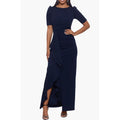 XSCAPE Women's Scuba Crepe Ruffle Gown Size 8 Navy Blue Short Sleeve Dress NWOT
