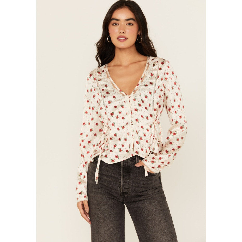 FREE PEOPLE Women's Field of Roses Top Medium Cream Red Long Sleeve NWOT