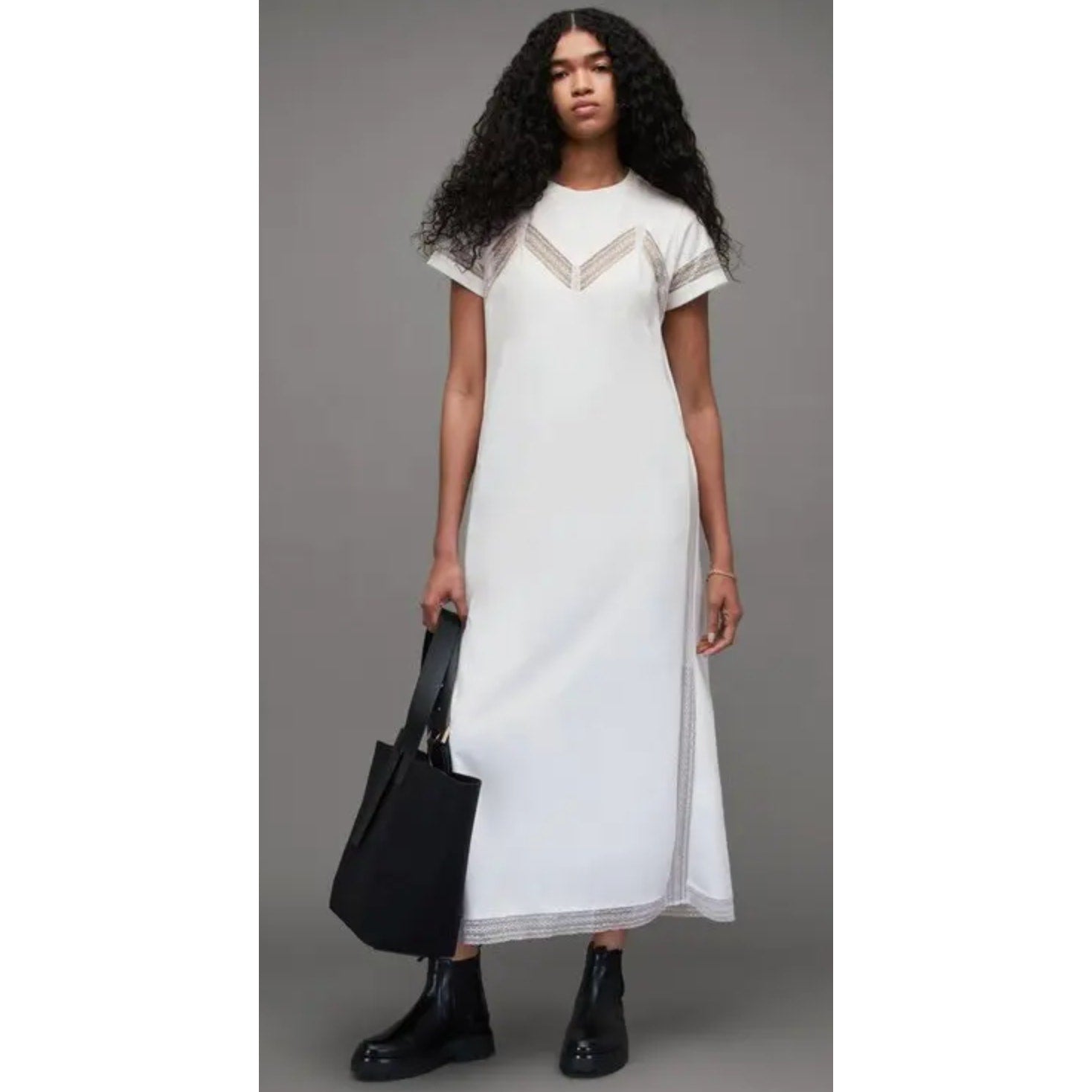 ALLSAINTS Women's Anna Lace Maxi Dress Size 8 Black Short Sleeve NWT