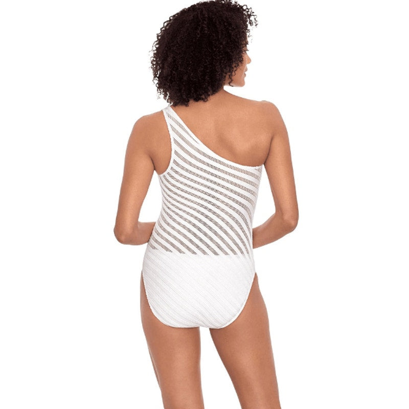 LAUREN RALPH LAUREN Ottoman Mesh One Shoulder One-Piece Swimsuit Sz 10 WhIte NWT
