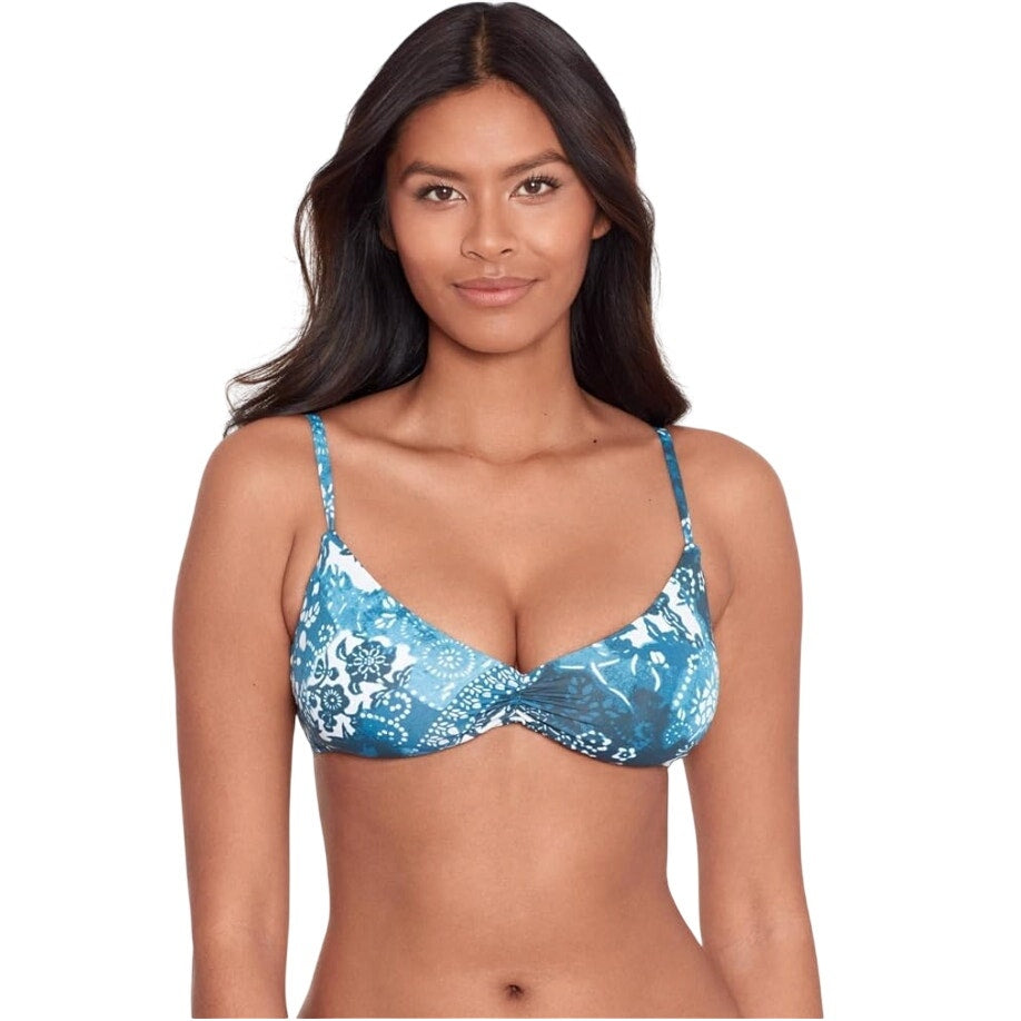 LAUREN RALPH LAUREN Patchwork Bikini Top Size 8 Blue Indigo Scoop Shirred NWT