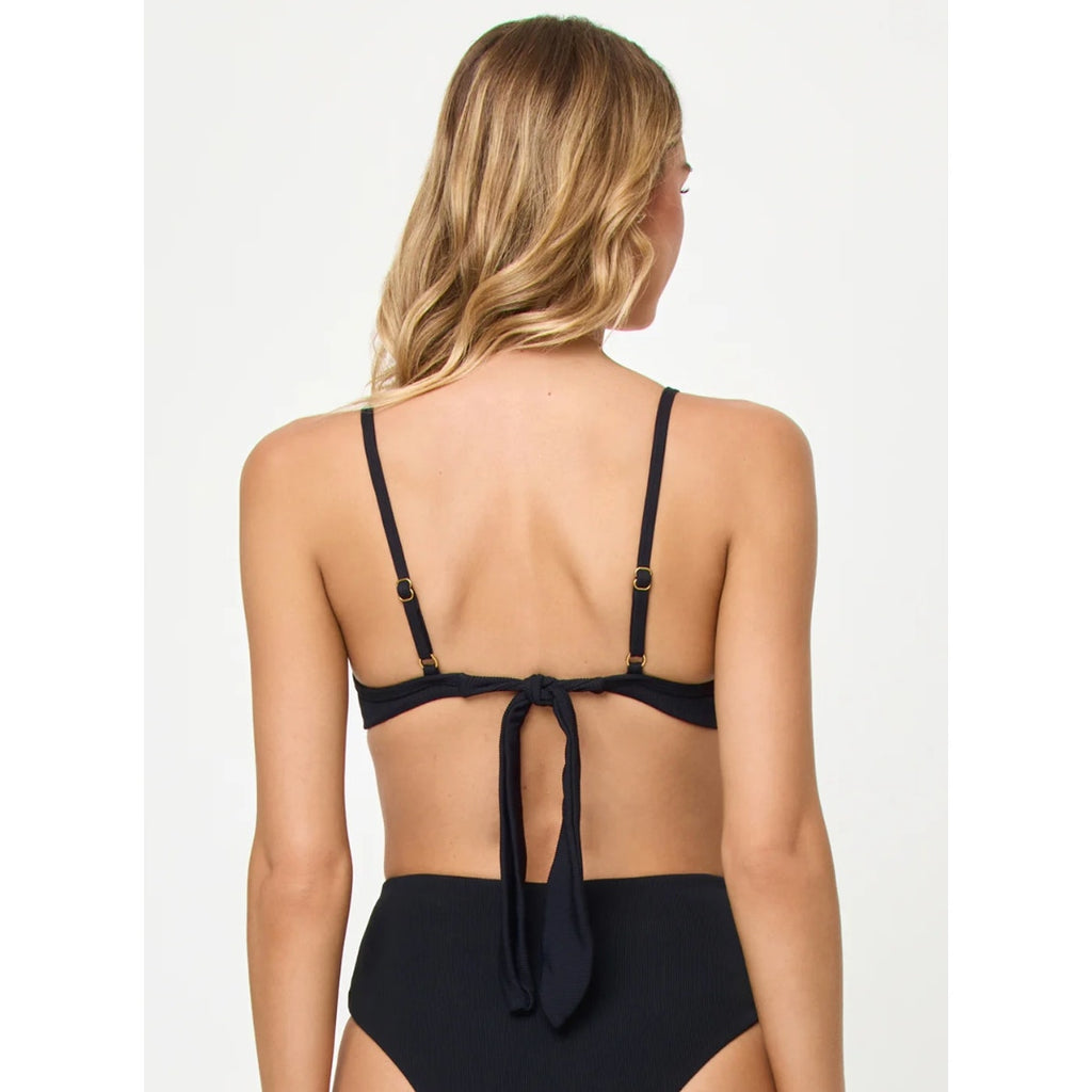 L*SPACE Women's Hunter Underwire Bikini Top Small Black V Front Tie Back NWT
