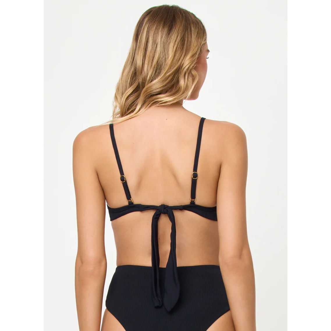 L*SPACE Women's Hunter Underwire Bikini Top Small Black V Front Tie Back NWT