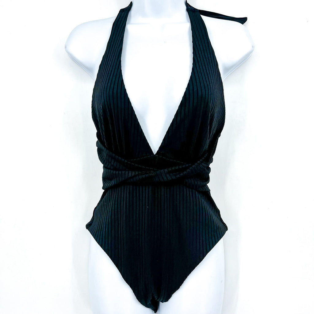 L*SPACE Women's Coast to Coast Deep-V One-Piece Swimsuit Medium Black NWT
