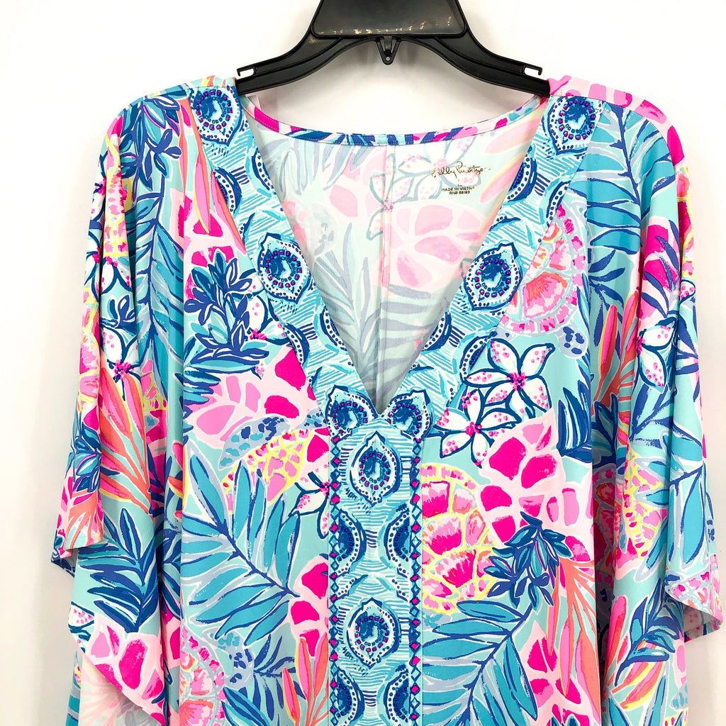 LILLY PULITZER Skyla Caftan Cover-up Large Blue Pink Rainforest Retreat NWT