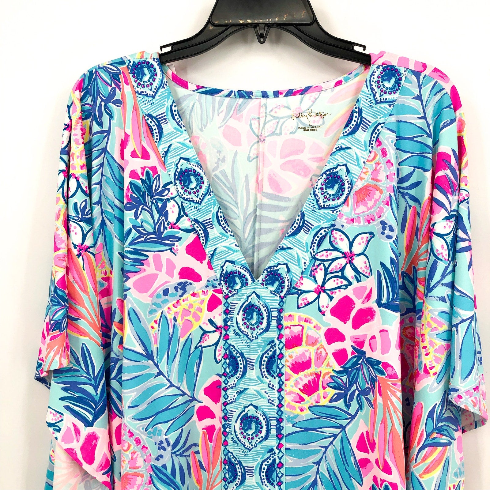 LILLY PULITZER Skyla Caftan Cover-up Large Blue Pink Rainforest Retreat NWT