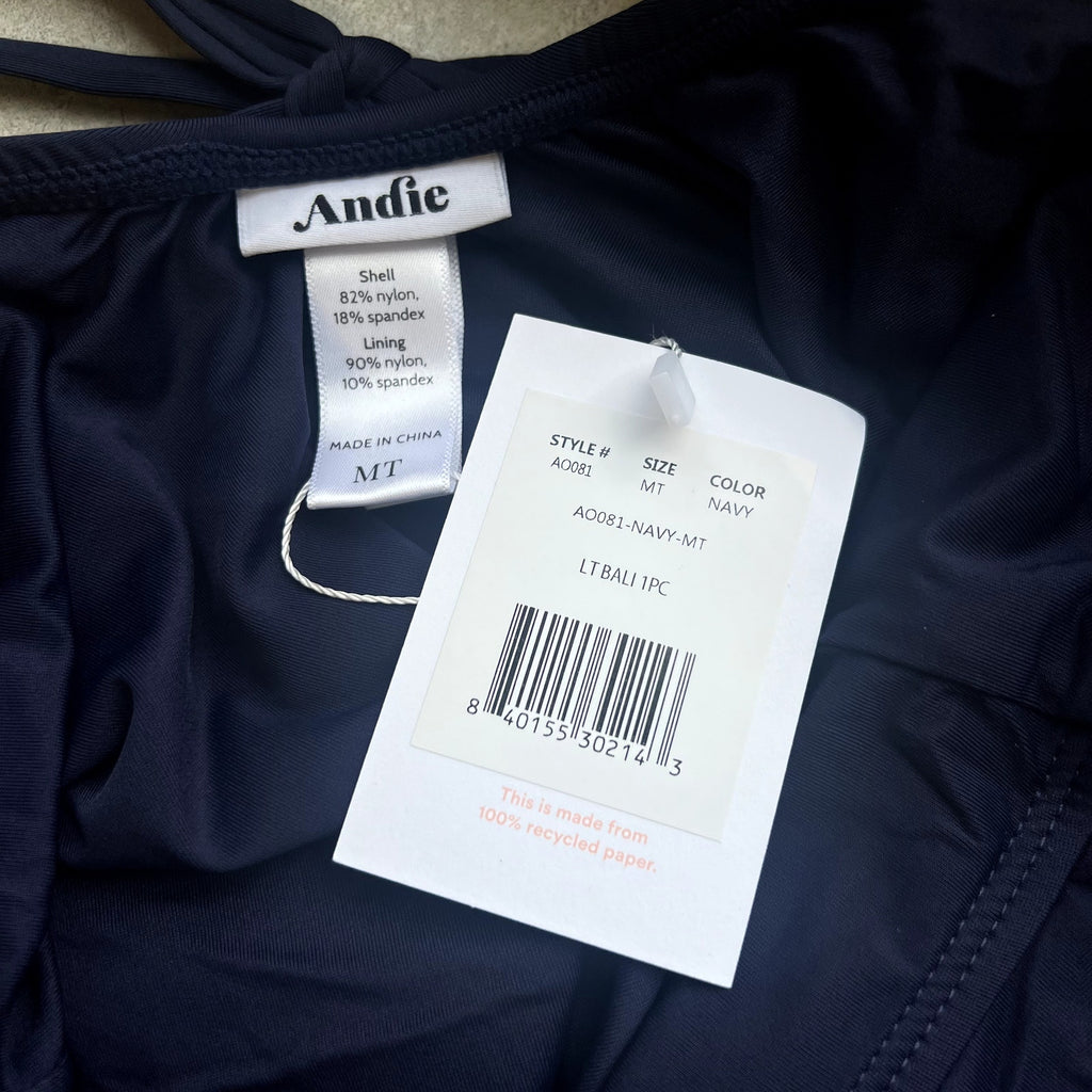 ANDIE SWIM Bali One Piece Swimsuit Medium Tall 8-10 Navy Blue Deep Plunge NWT