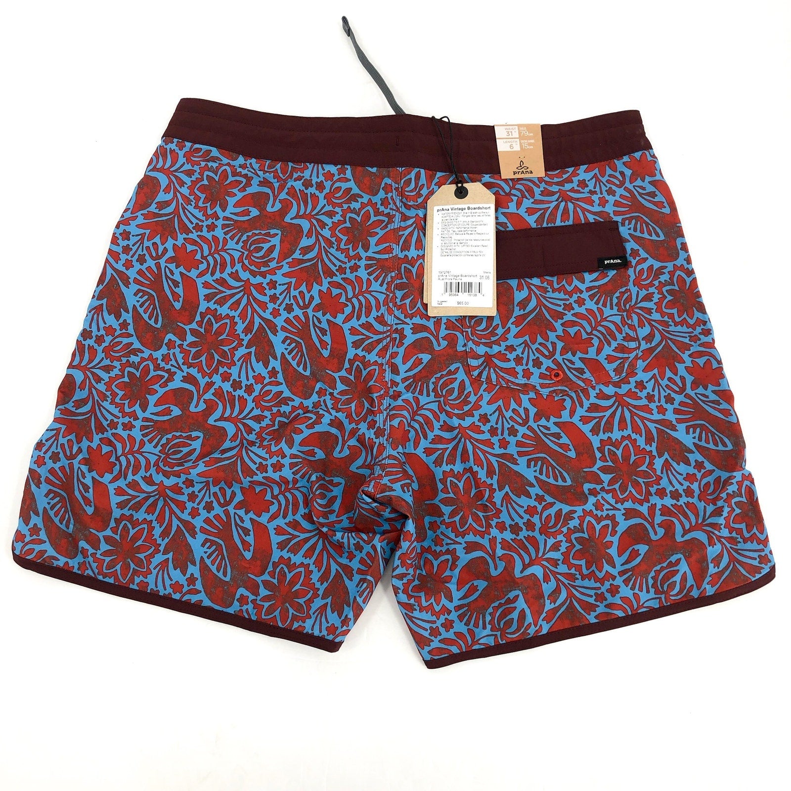 PRANA Mens Vintage Board Shorts Size 31 Blue Red Rust Flora Fauna 6" Inseam NWT