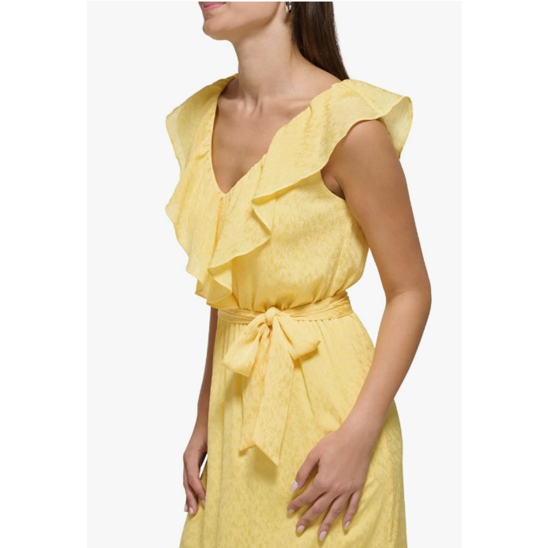DKNY Womens Ruffle V-Neck Dress Size 16 Yellow Lemonade Tie Waist NWT
