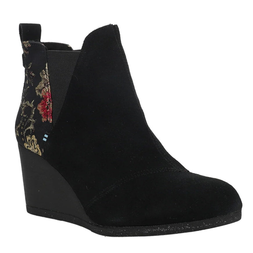 TOMS Womens Kelsey Graphic Wedge Booties US 9.5 EU 41 Black Floral Suede NWOB