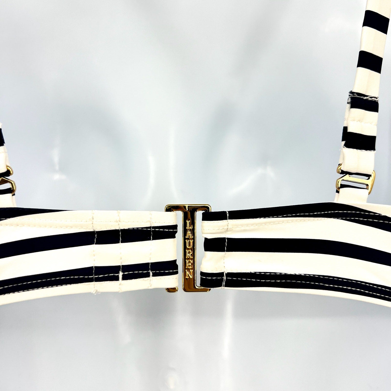 LAUREN RALPH LAUREN Luxe Ring Front Bikini Top Size 8 Navy Blue White Stripe NWT