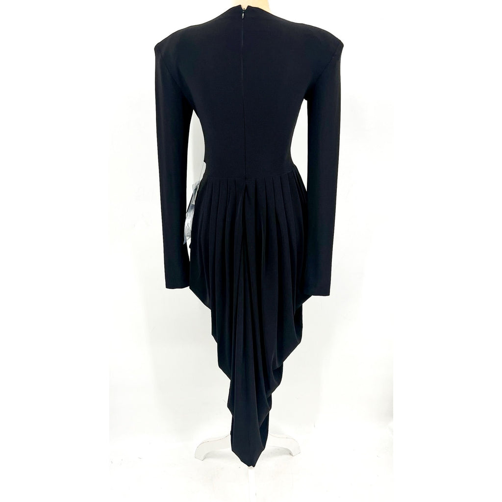 NORMA KAMALI Shoulder Pad Waterfall Dress XS/34 Black V Neck Stretch LS NWT