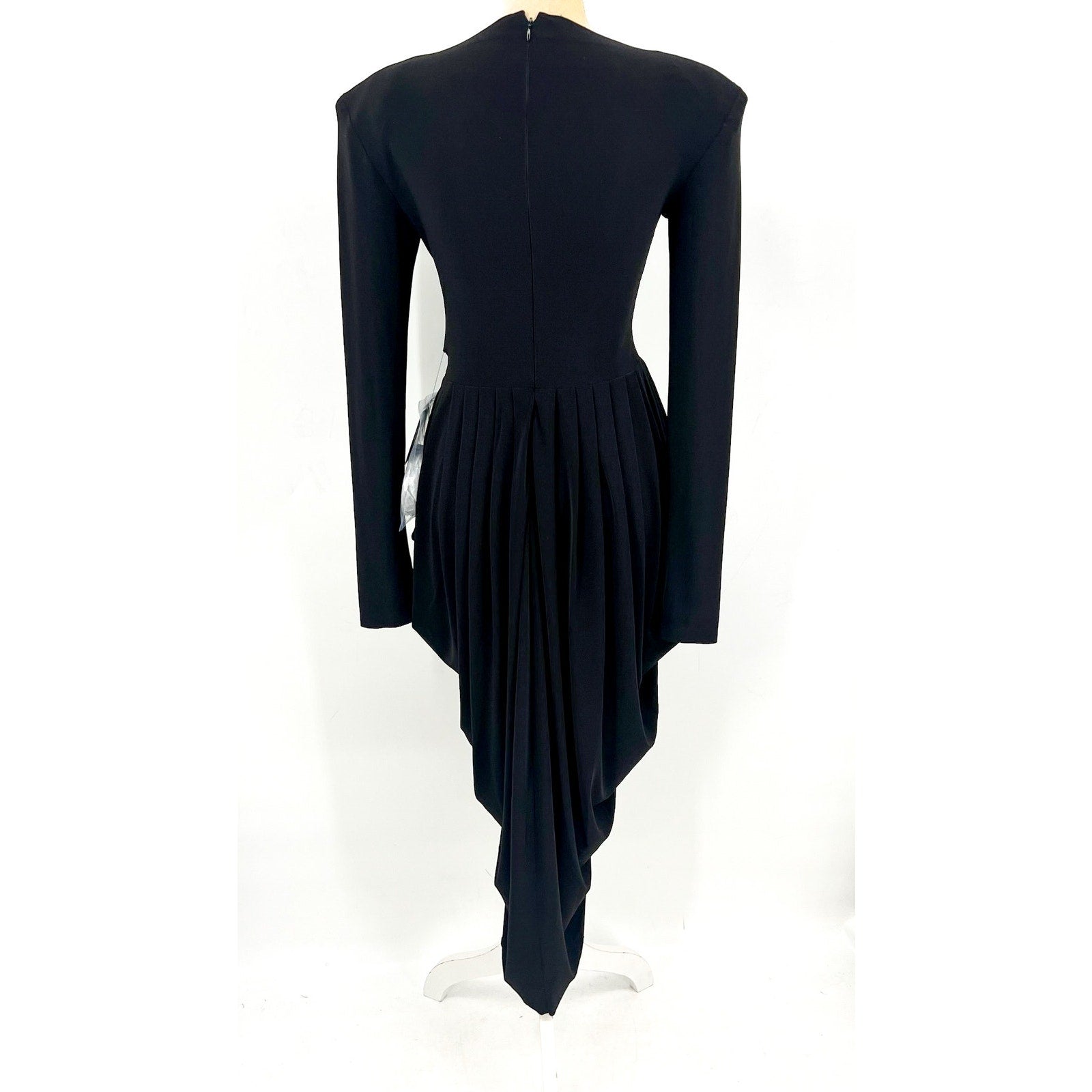 NORMA KAMALI Shoulder Pad Waterfall Dress XS/34 Black V Neck Stretch LS NWT