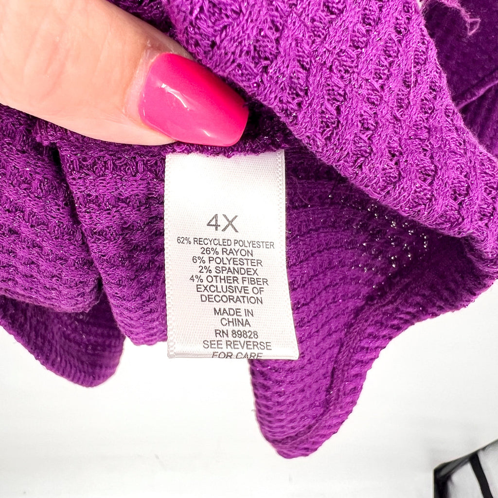 LOGO LORI GOLDSTEIN Metallic Waffle Knit Top 4X Purple Long Sleeve NWOT