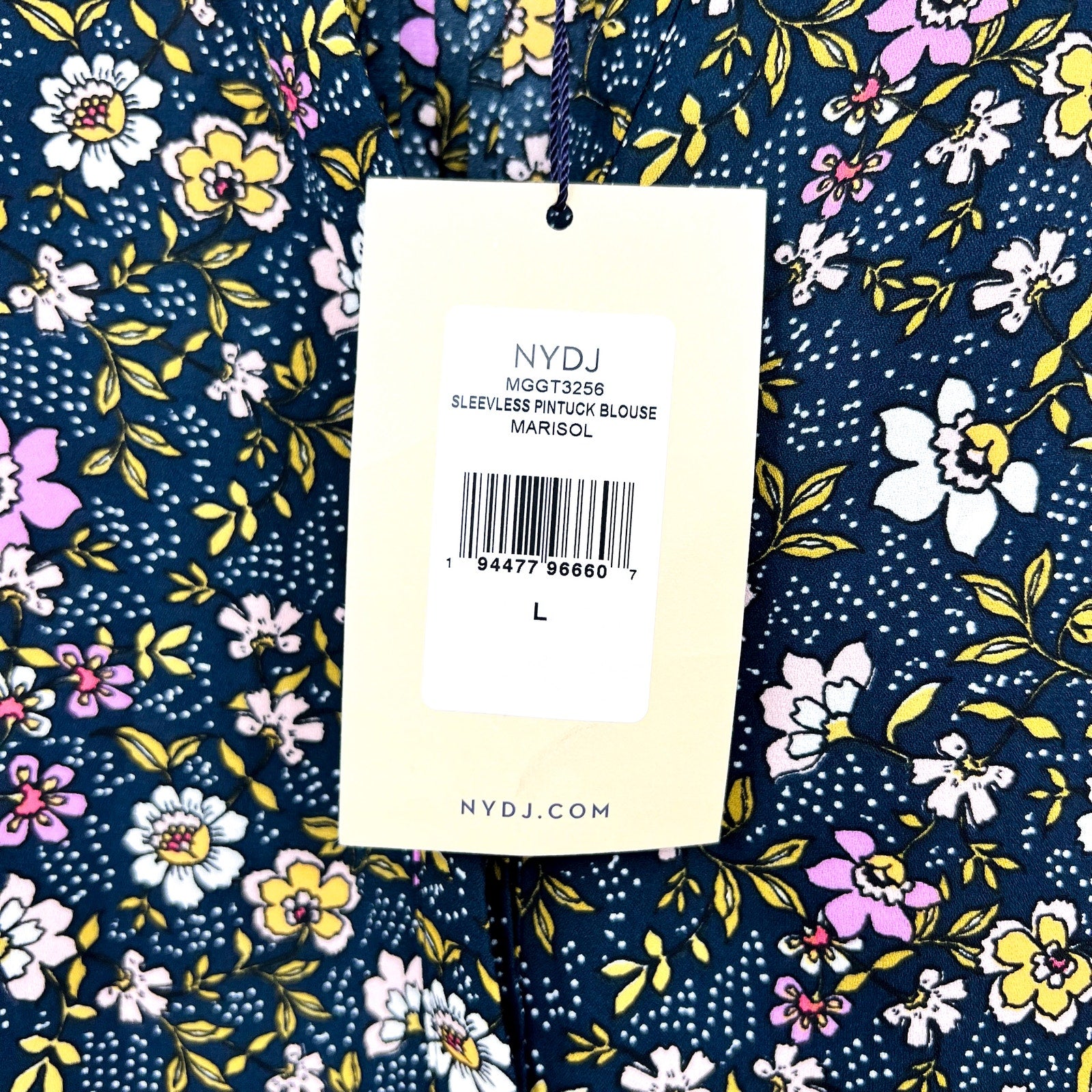 NYDJ Womens Sleeveless Blouse Top Large Marisol Blue Floral Print Split Neck NWT