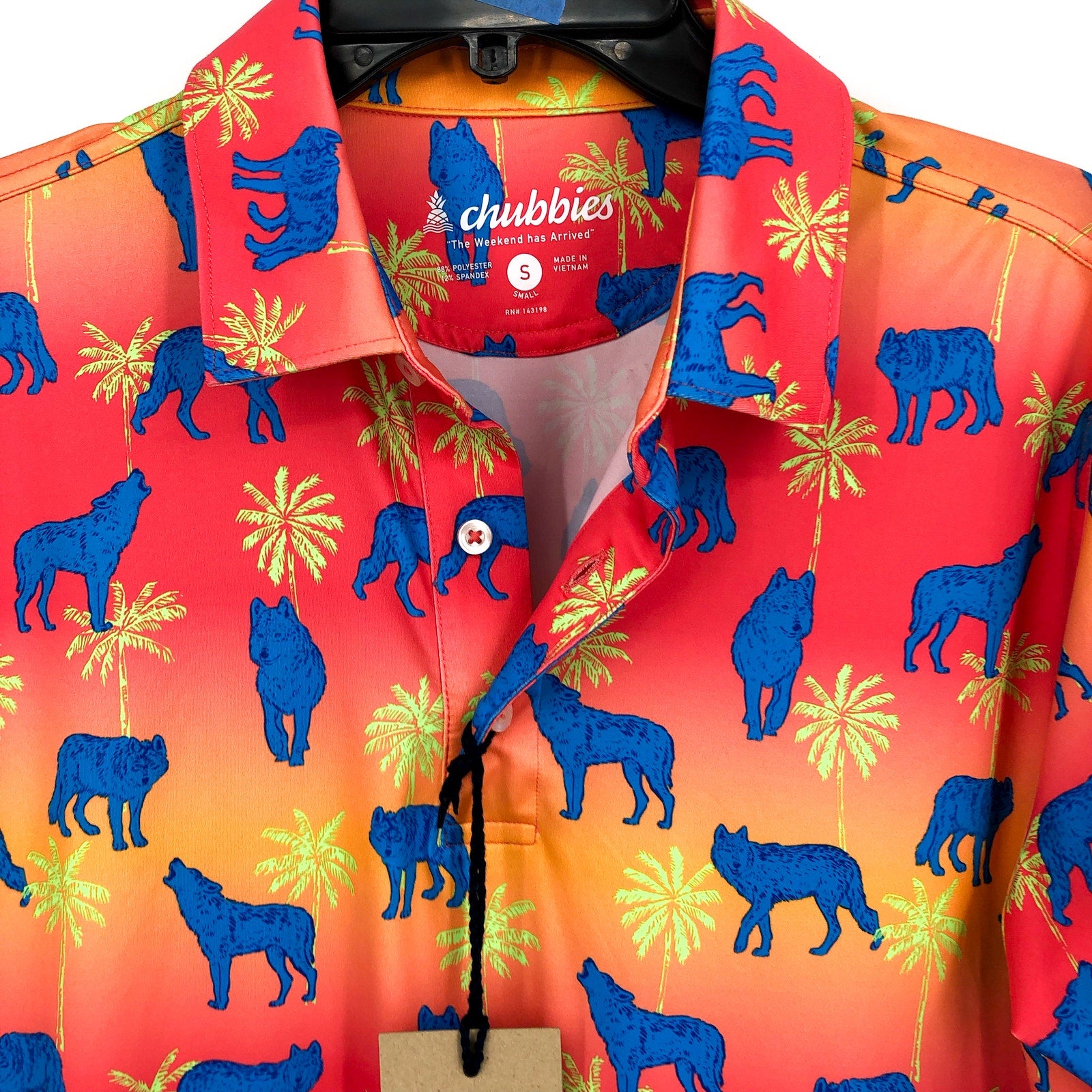 CHUBBIES Mens Howler Moon Performance Polo Shirt 2.0 Small Pink Yellow Multi NWT