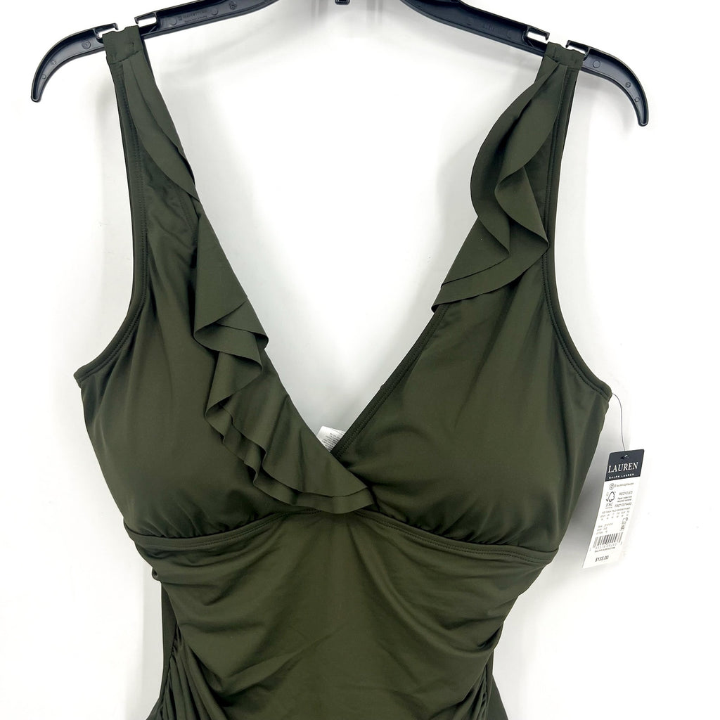 LAUREN RALPH LAUREN Ruffle One Piece Swimsuit Size 16 Olive Green Beach Club NWT