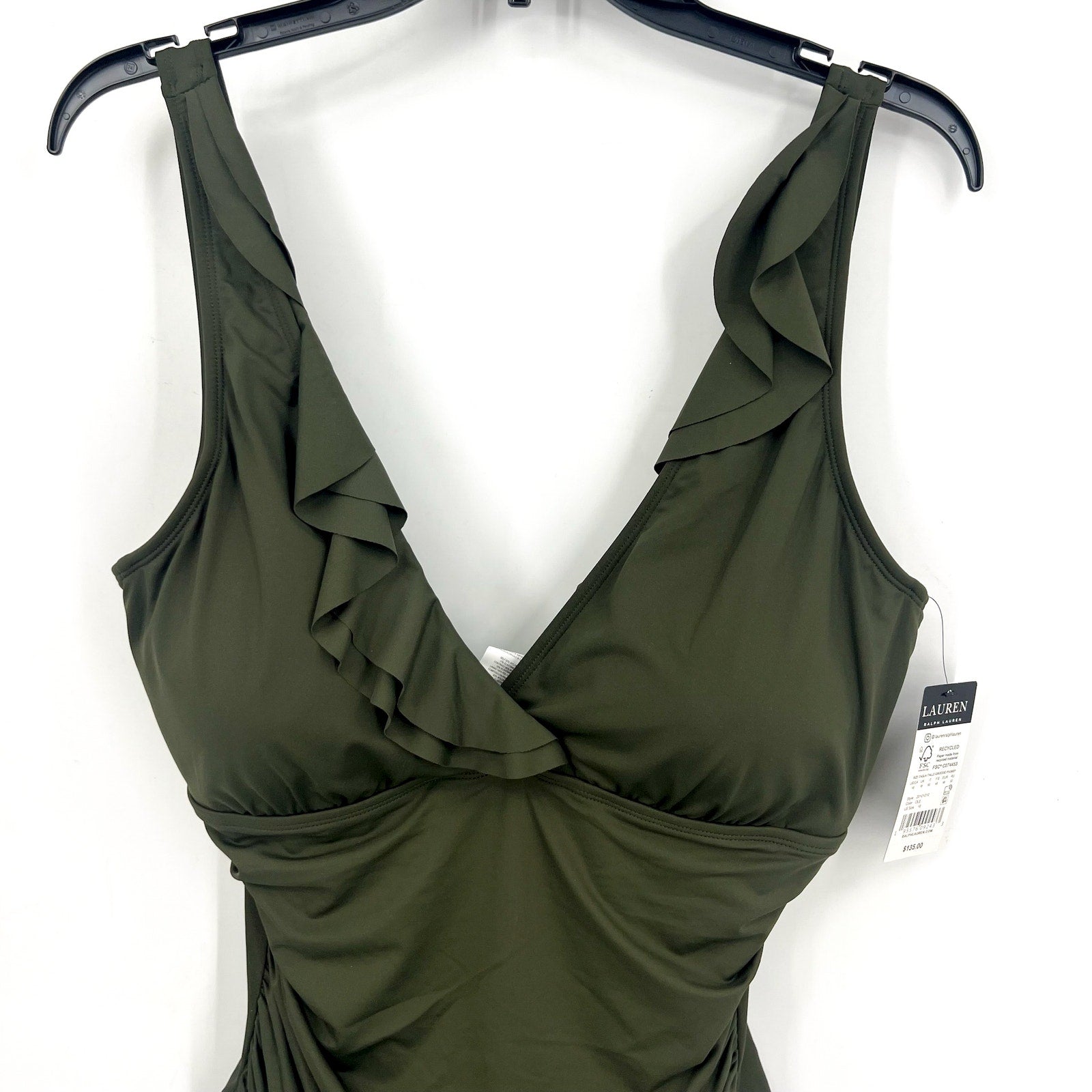 LAUREN RALPH LAUREN Ruffle One Piece Swimsuit Size 16 Olive Green Beach Club NWT