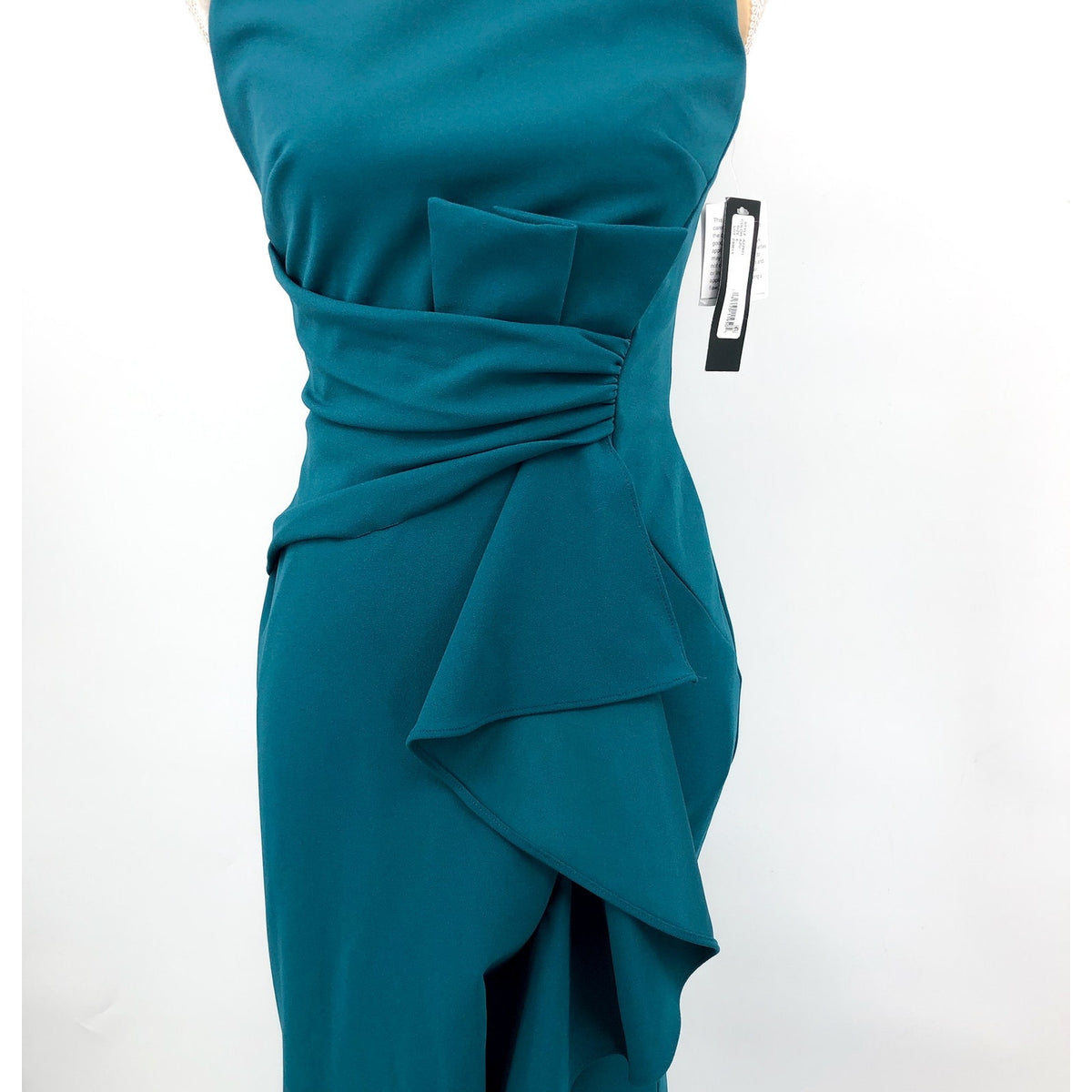 BETSY & ADAM Women's Christine Scuba Crepe Gown Size 4 Azure Blue Ruffle Bow NWT