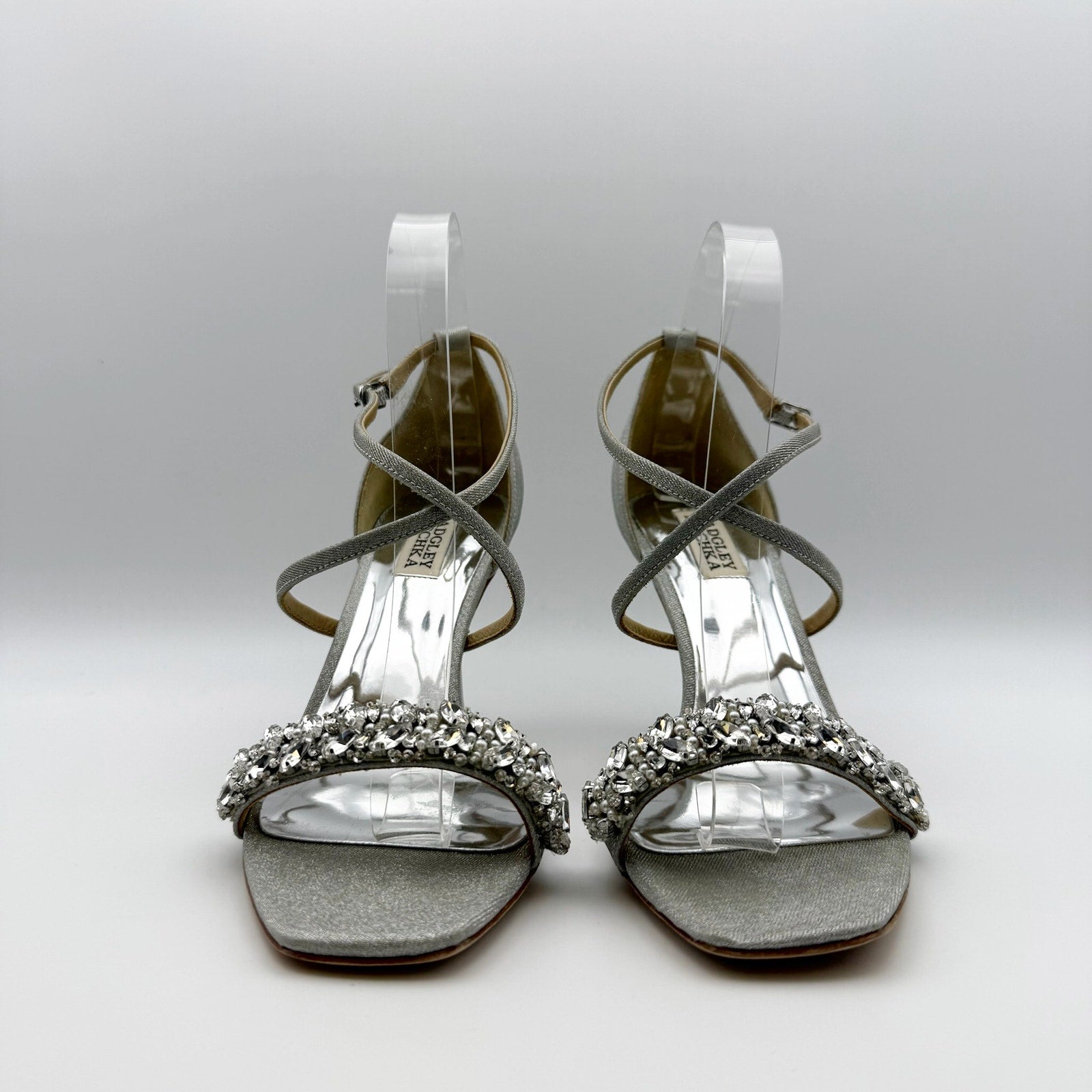 Badgley Mischka Womens Nala Glitter Strappy Heels US 8 Silver Satin NWOB